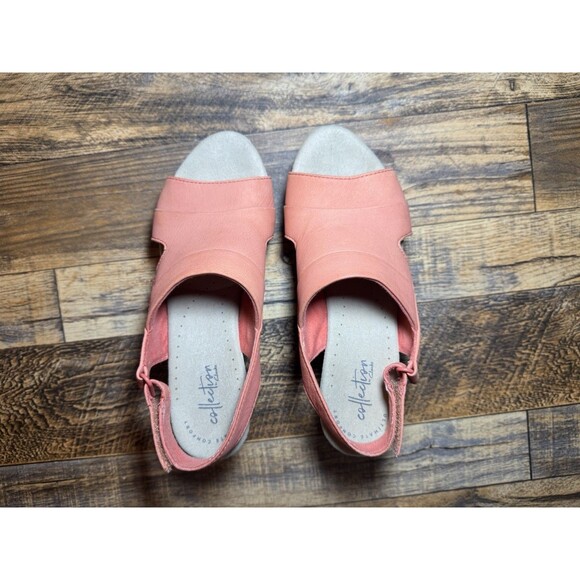 Women's Clarks Coral Pink Cork Wedge Sandals 3" Heel Size 7 1/2 Peep Toe Annadel - Picture 2 of 11